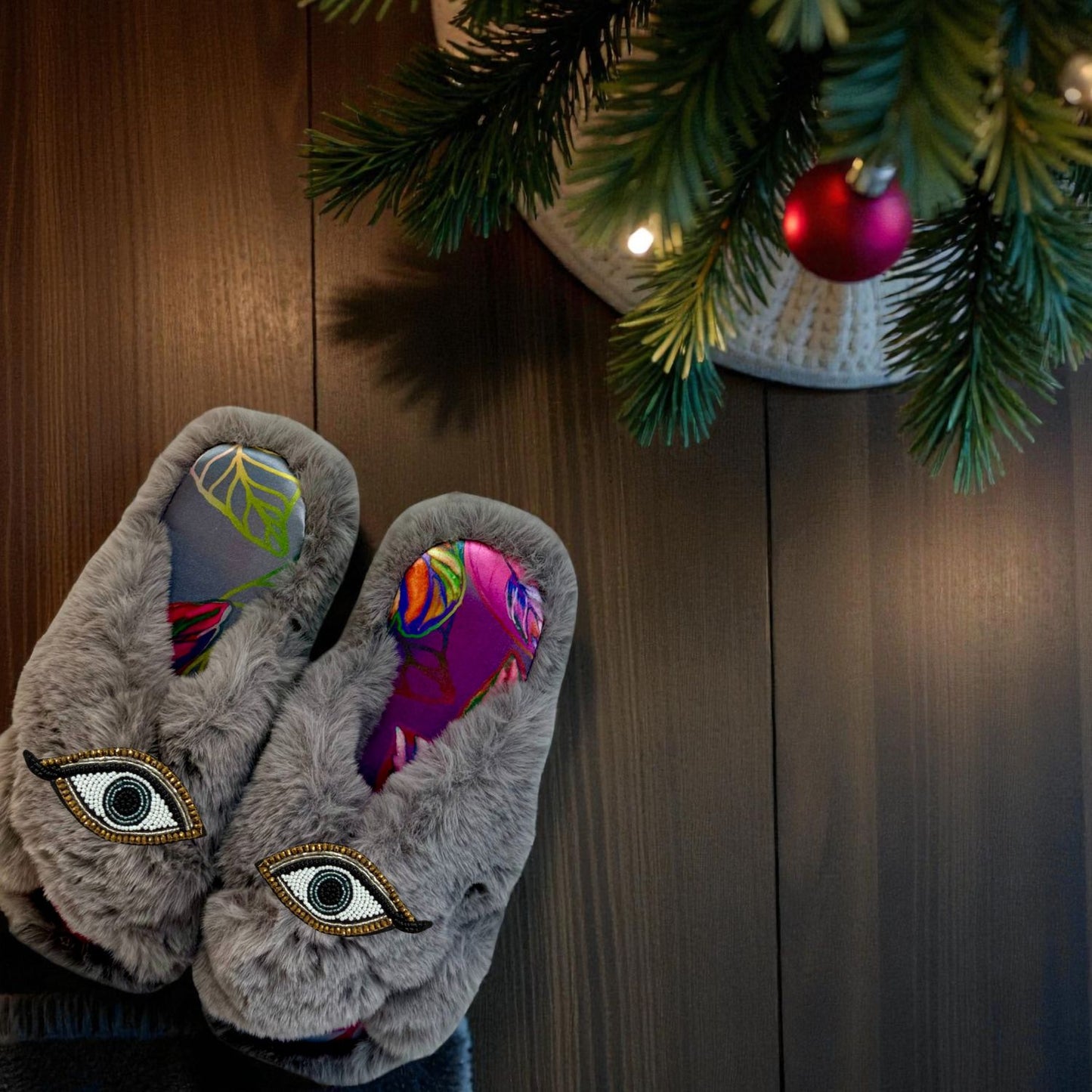 Faux Fur Slippers - Global Recycled Standard Certified with custom Carmen Lining + Beaded Evil Eye Brooches