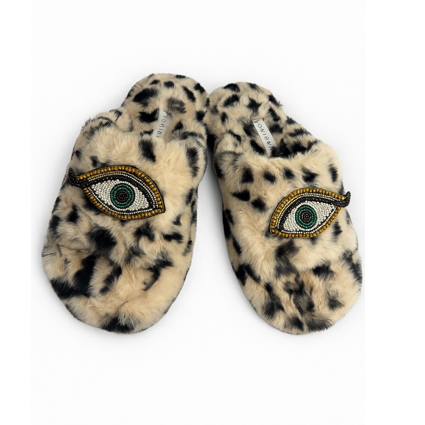 Eco Faux Fur Cheetah Platform Slide Slippers with Evil Eye Hand Beaded Brooches