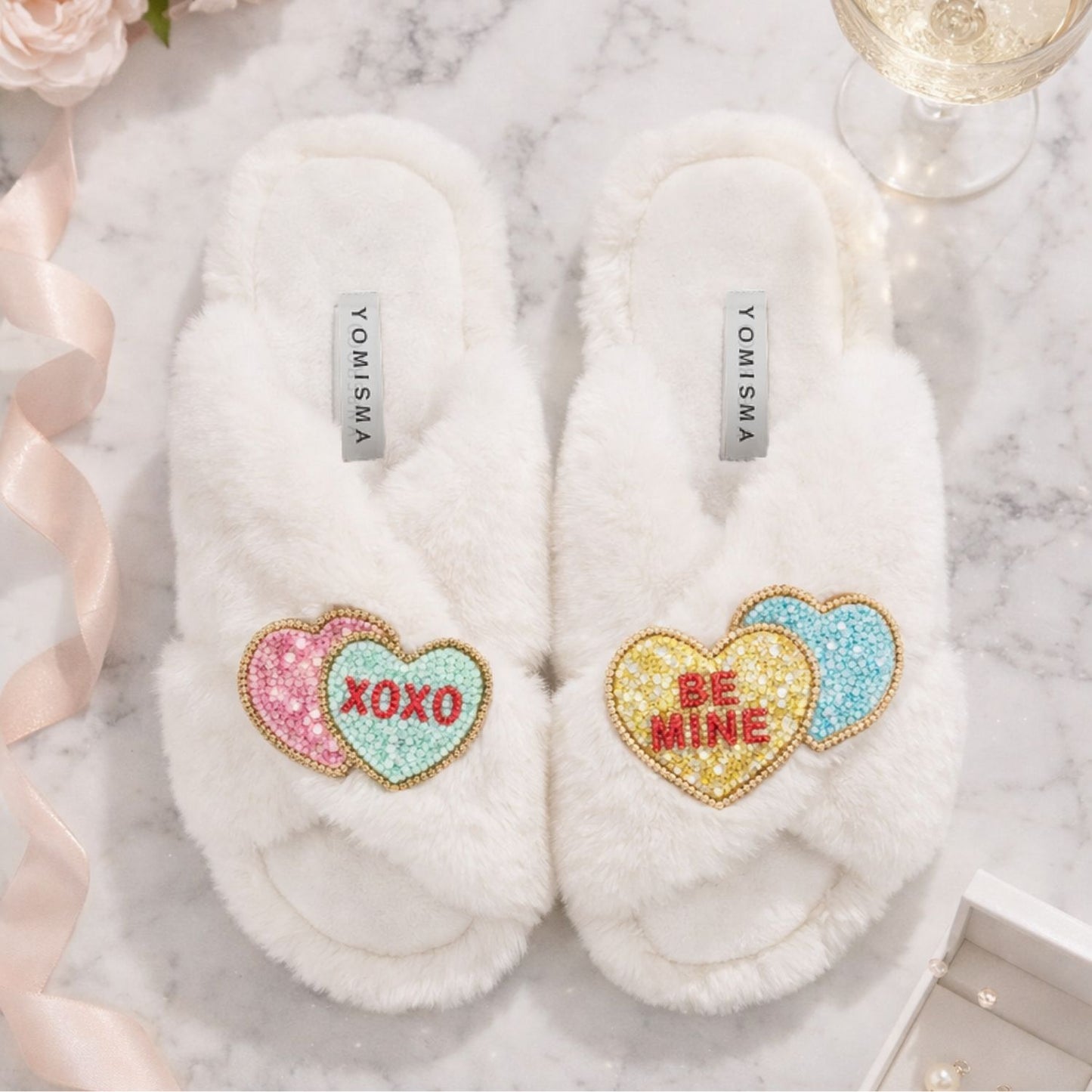 Faux Fur Slippers - Global Recycled Standard Certified with Valentines "Be Mine/XO"  Embellishments