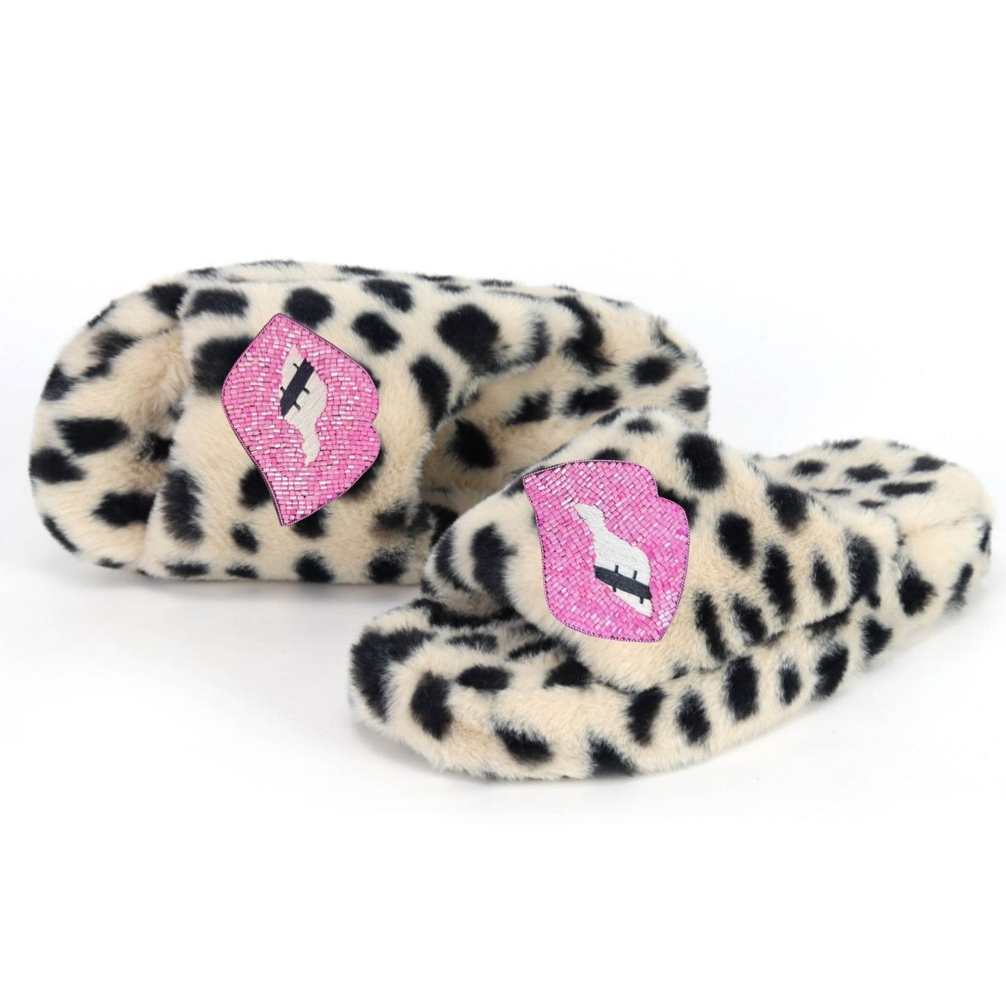 Eco Faux Fur Cheetah Holiday Platform Slide Slippers with Oversized Hand Beaded Lips