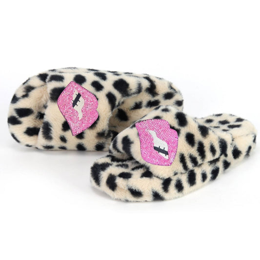 Eco Faux Fur Cheetah Holiday Platform Slide Slippers with Oversized Hand Beaded Lips