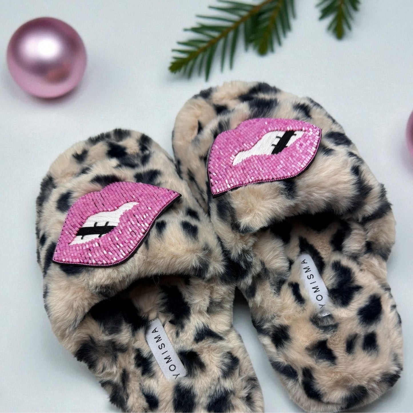 Eco Faux Fur Cheetah Holiday Platform Slide Slippers with Oversized Hand Beaded Lips
