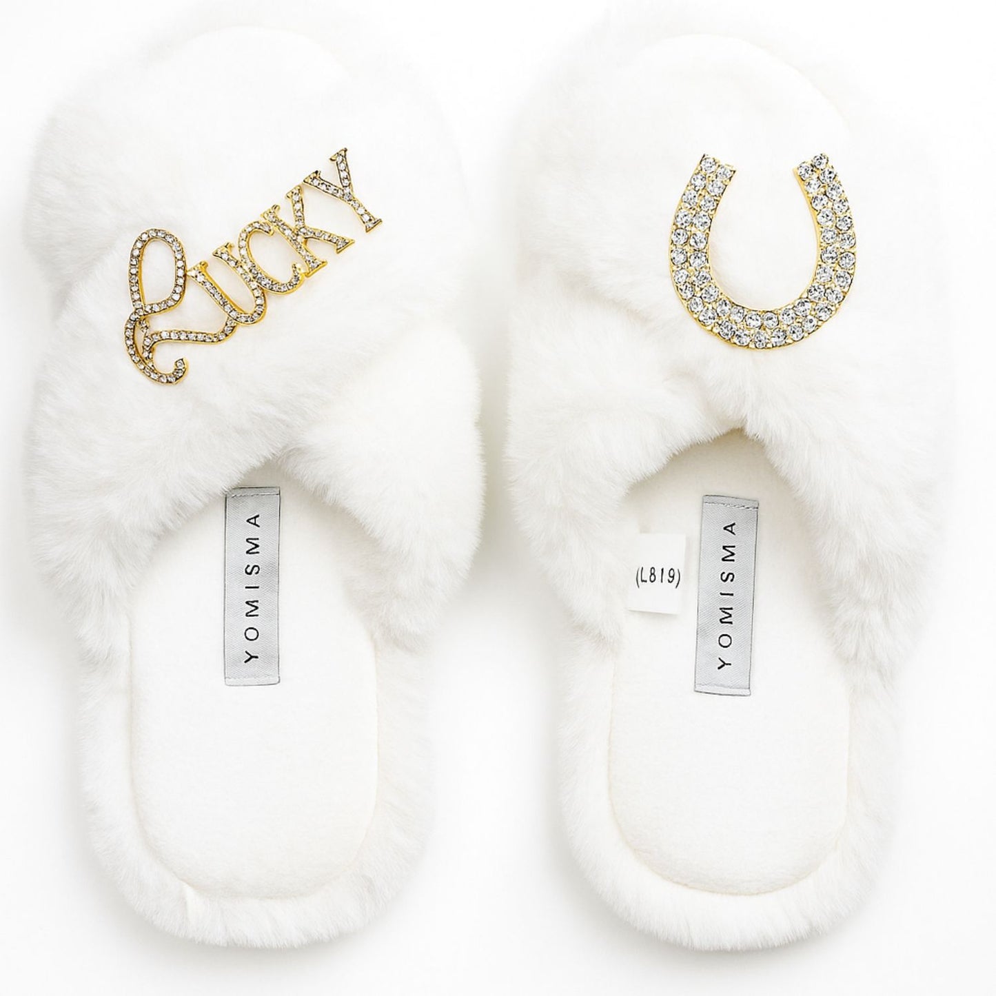 Faux Fur Slippers - Global Recycled Standard Certified with Lucky + Horse Shoe Embellishment
