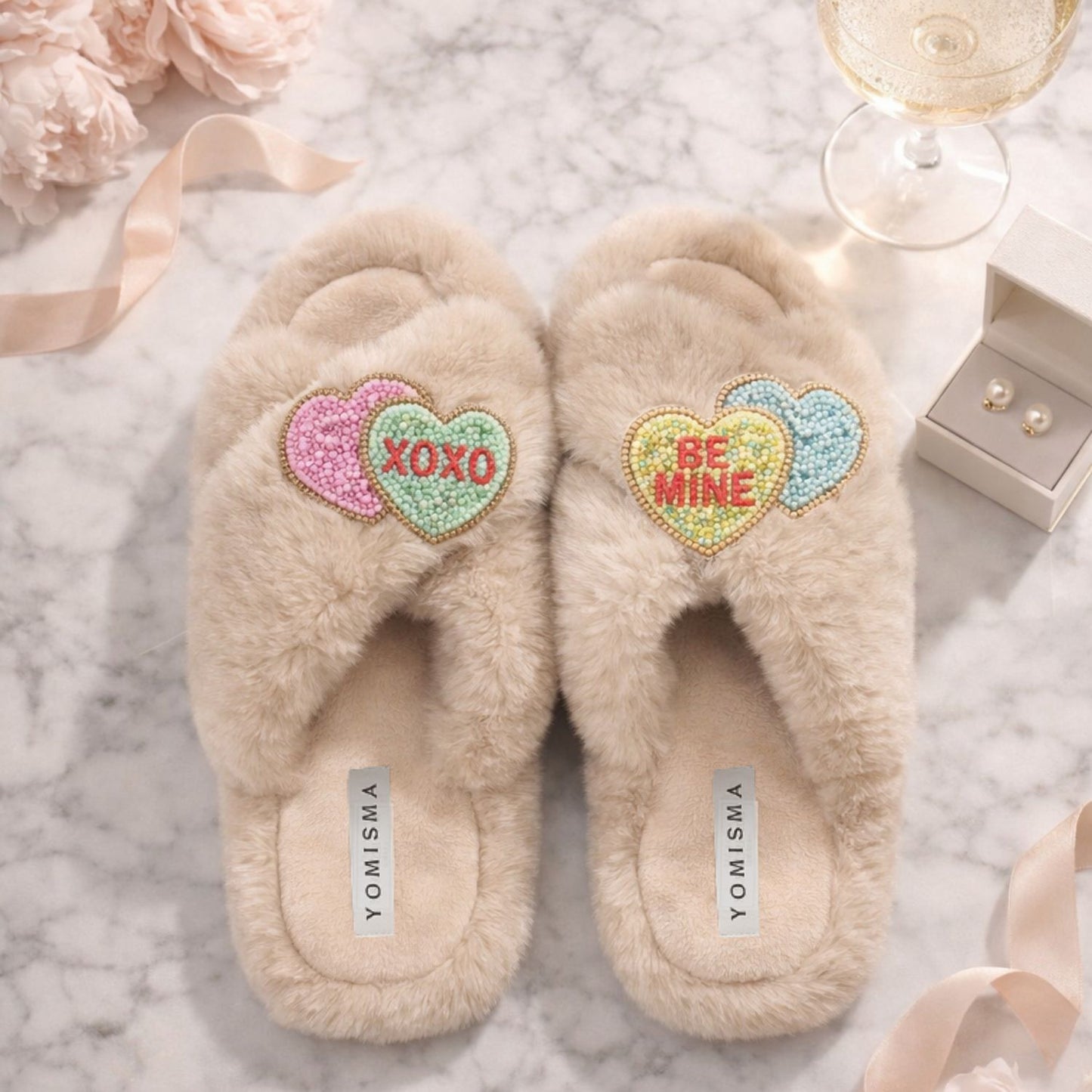 Faux Fur Slippers - Global Recycled Standard Certified with Valentines "Be Mine/XO"  Embellishments