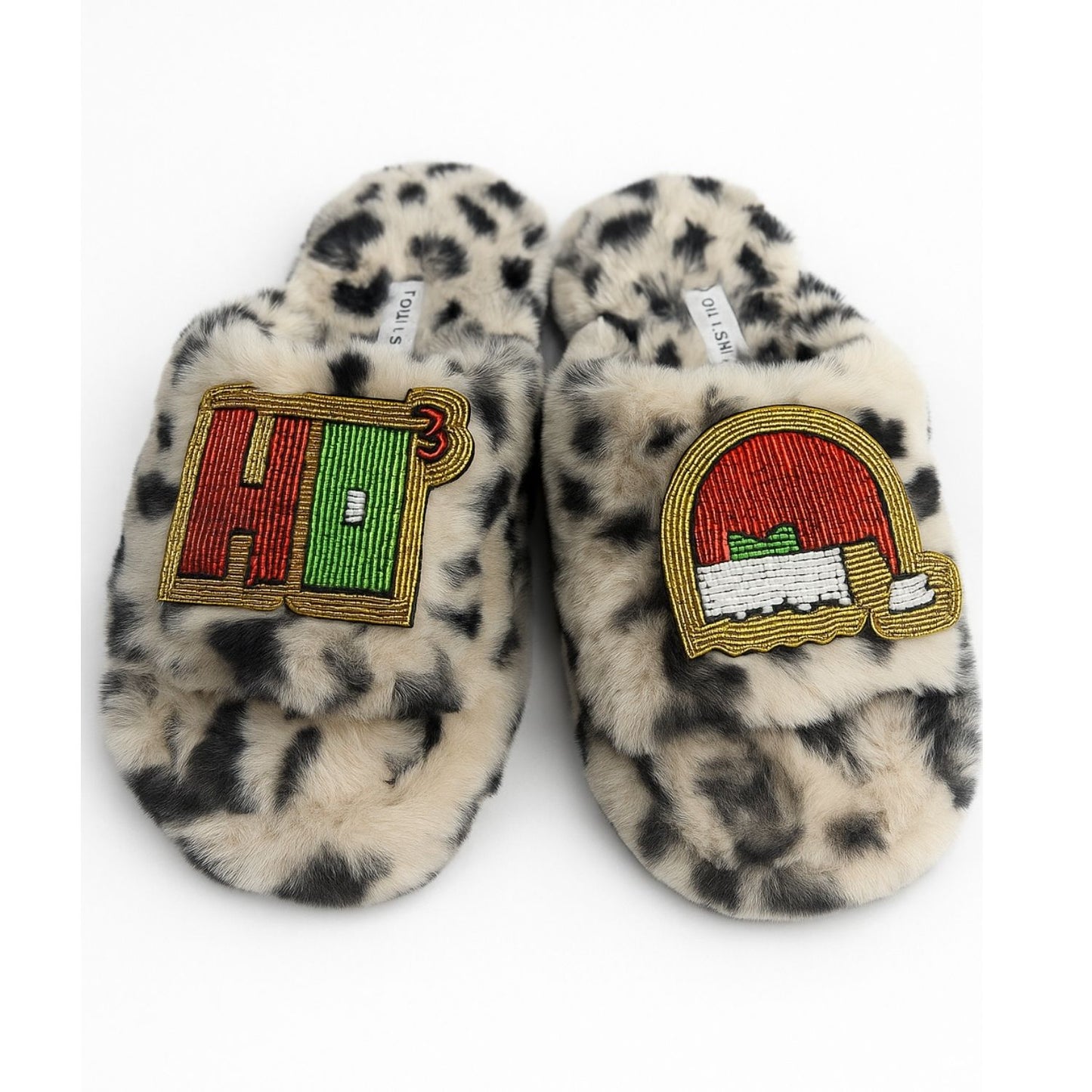 Eco Faux Fur Cheetah Holiday Platform Slide Slippers with HO3 + Santa Hat Hand Beaded Brooches