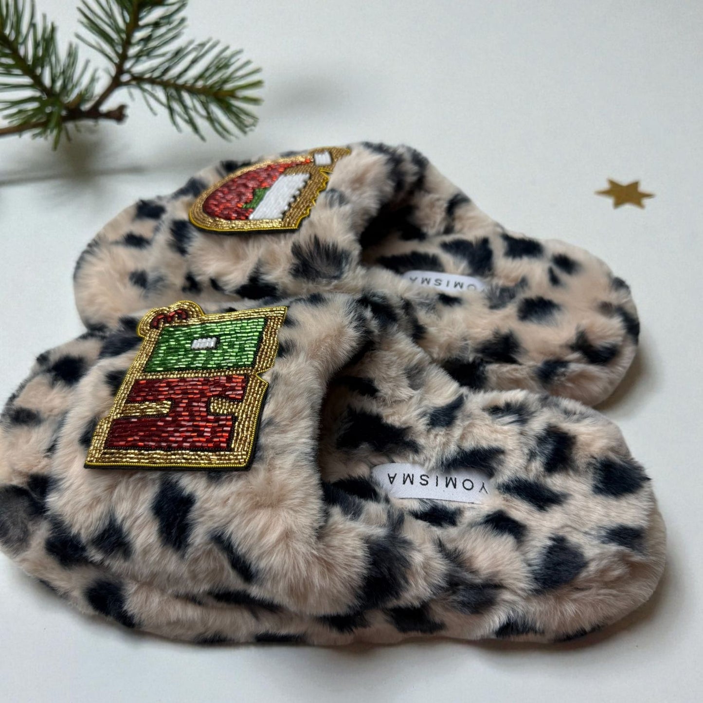 Eco Faux Fur Cheetah Holiday Platform Slide Slippers with HO3 + Santa Hat Hand Beaded Brooches