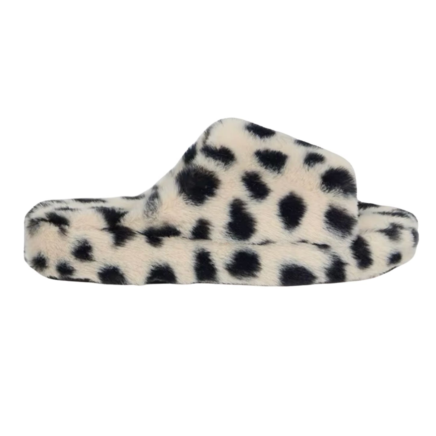 Eco Faux Fur Cheetah Platform Slide Slippers with Evil Eye Hand Beaded Brooches