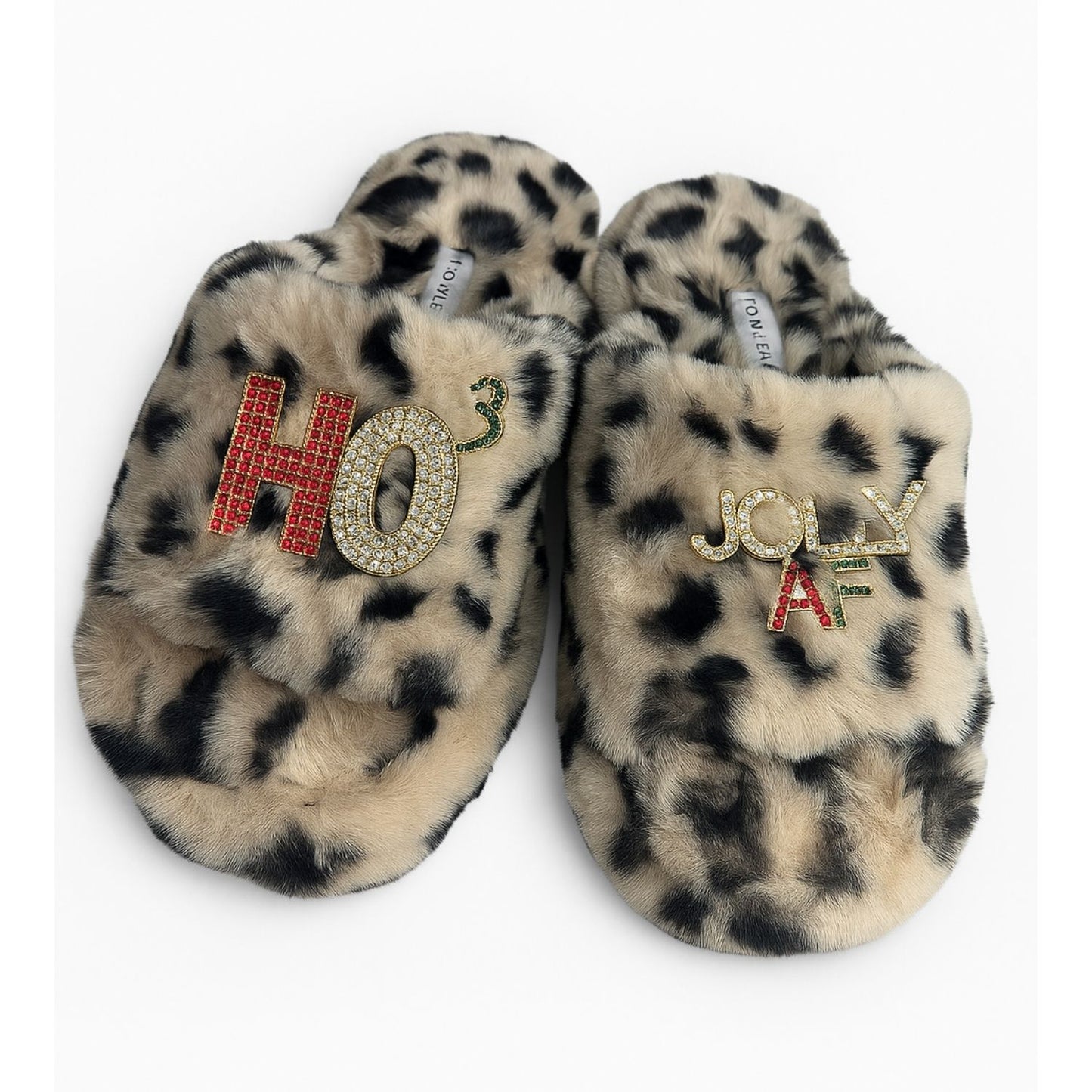 Eco Faux Fur Cheetah Holiday Platform Slide Slippers with Ho3 + Jolly AF Rhinestone Brooches