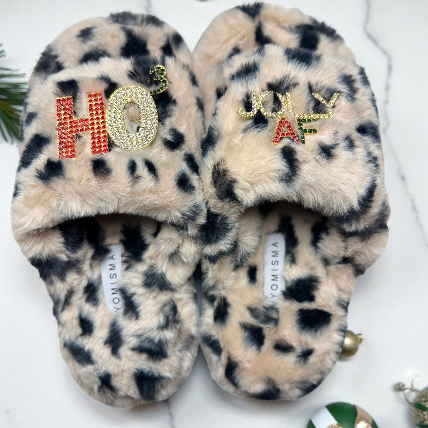 Eco Faux Fur Cheetah Holiday Platform Slide Slippers with Ho3 + Jolly AF Rhinestone Brooches