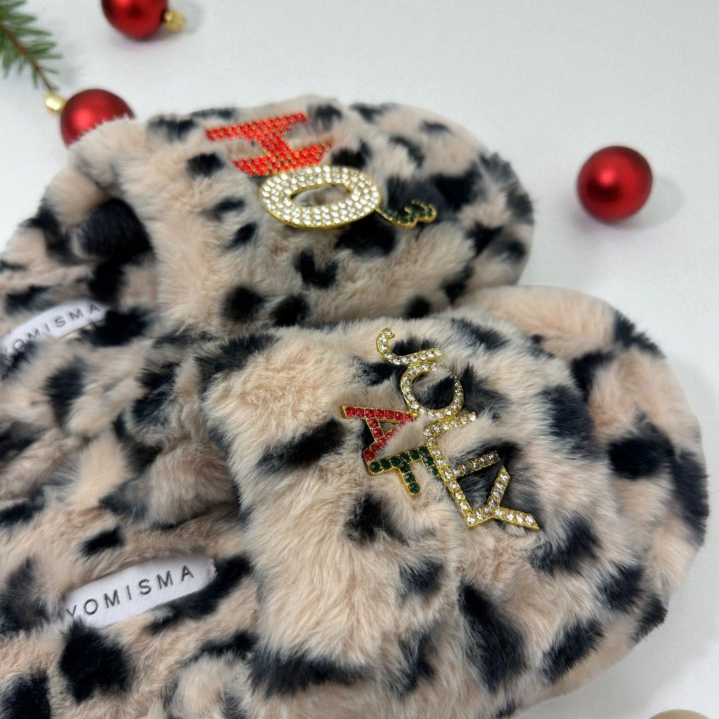 Eco Faux Fur Cheetah Holiday Platform Slide Slippers with Ho3 + Jolly AF Rhinestone Brooches