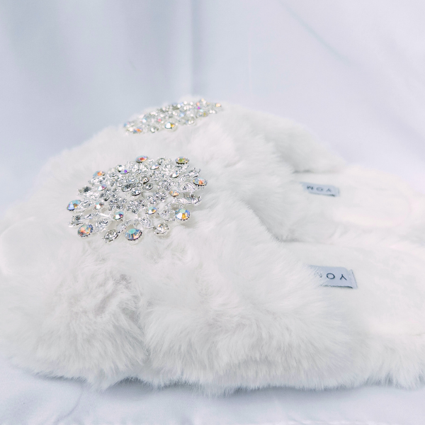 Faux Fur Slippers - Global Recycled Standard Certified with Iridescent Jewel Embellishments