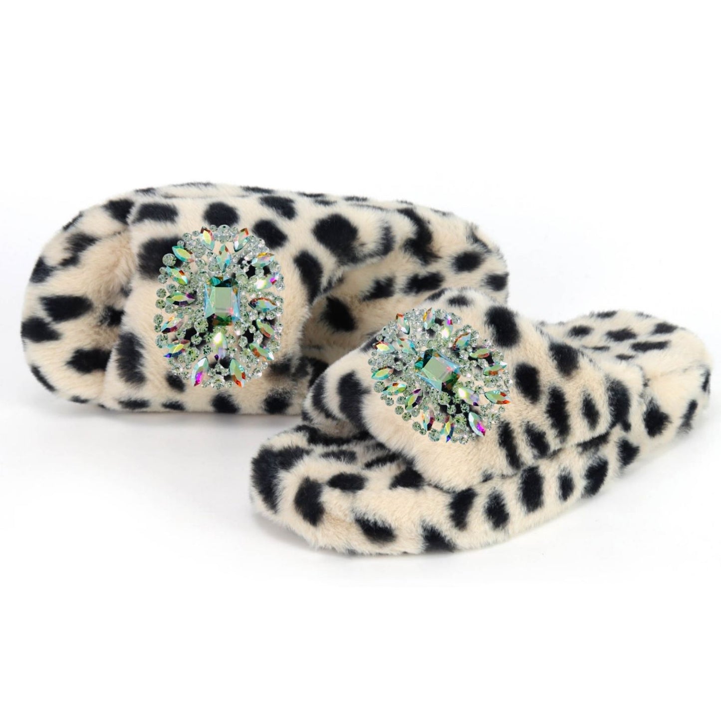 Eco Faux Fur Cheetah Holiday Platform Slide Slippers with Iridescent Brooches