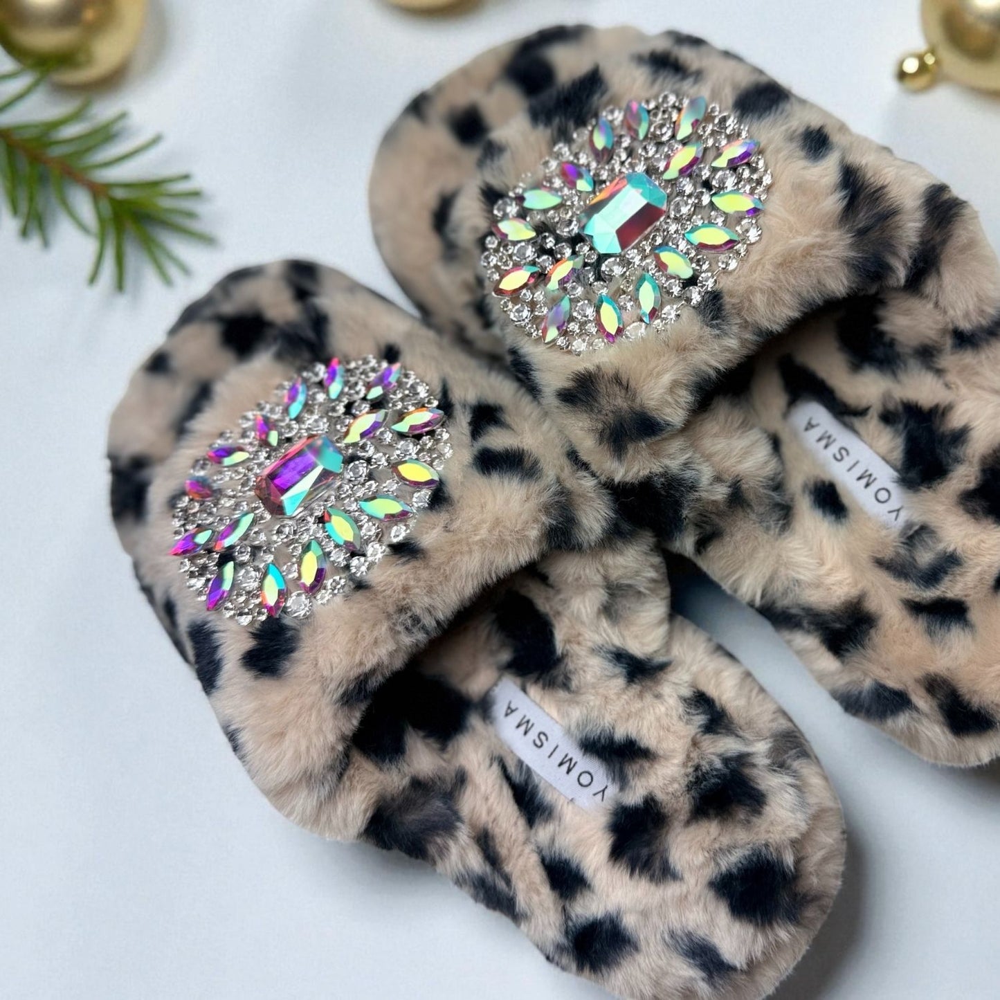 Eco Faux Fur Cheetah Holiday Platform Slide Slippers with Iridescent Brooches