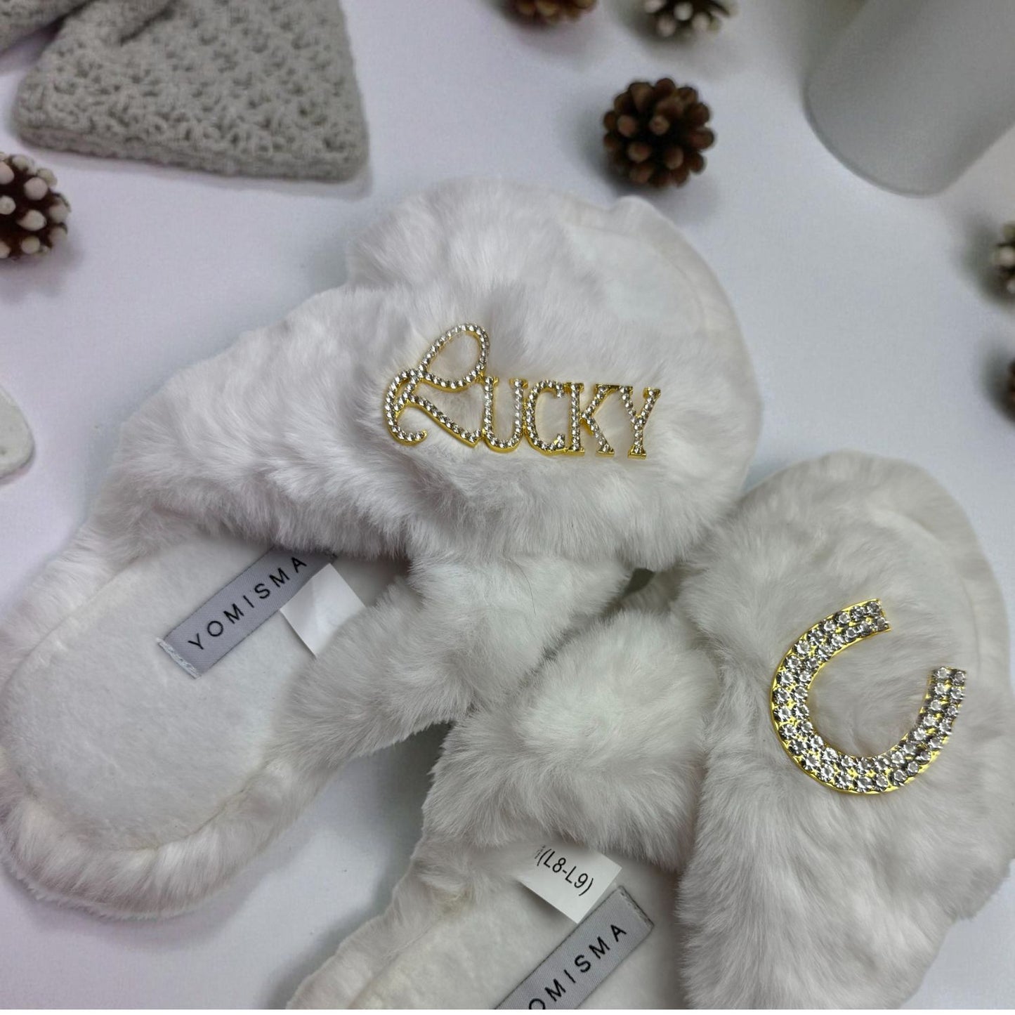 Faux Fur Slippers - Global Recycled Standard Certified with Lucky + Horse Shoe Embellishment