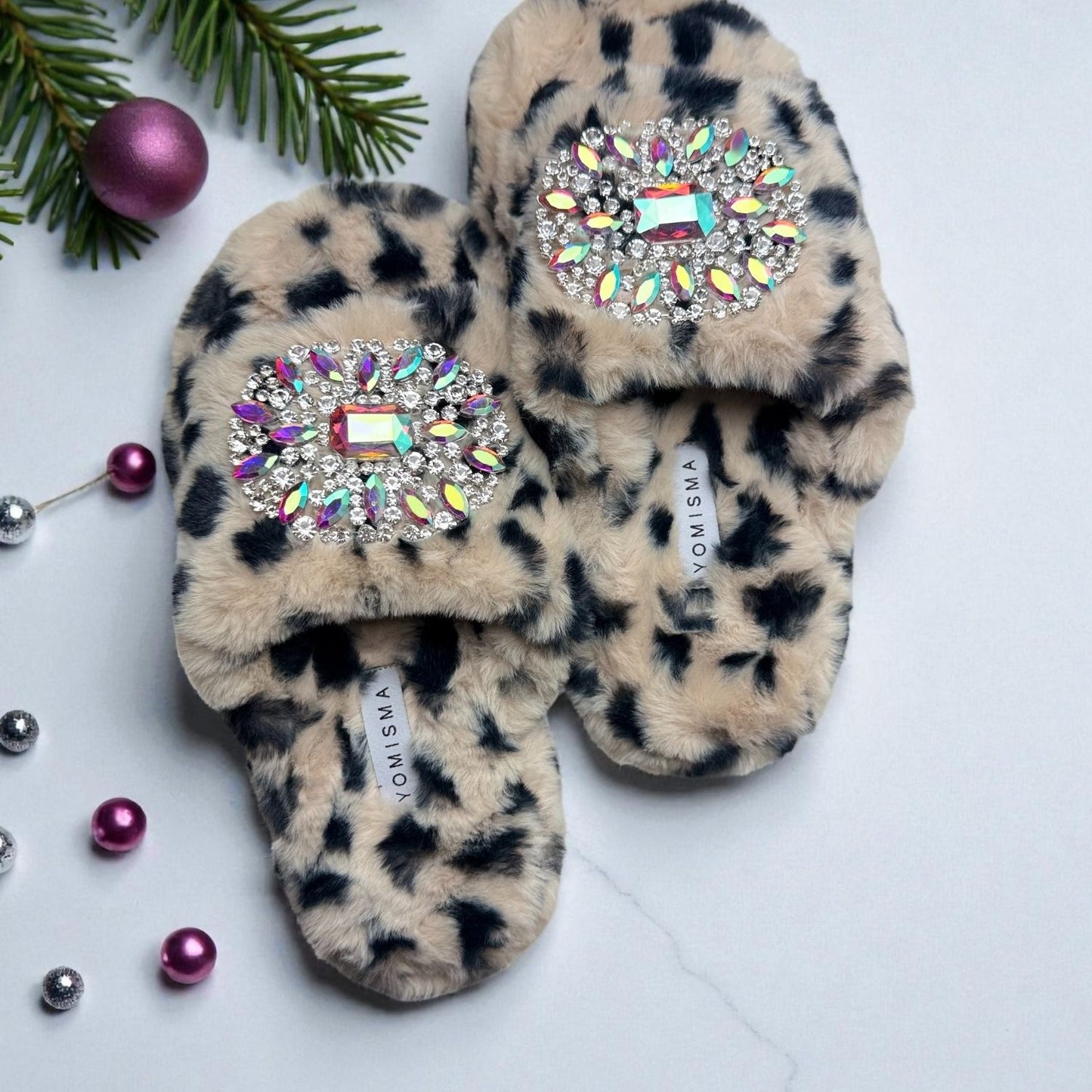 Eco Faux Fur Cheetah Holiday Platform Slide Slippers with Iridescent Brooches