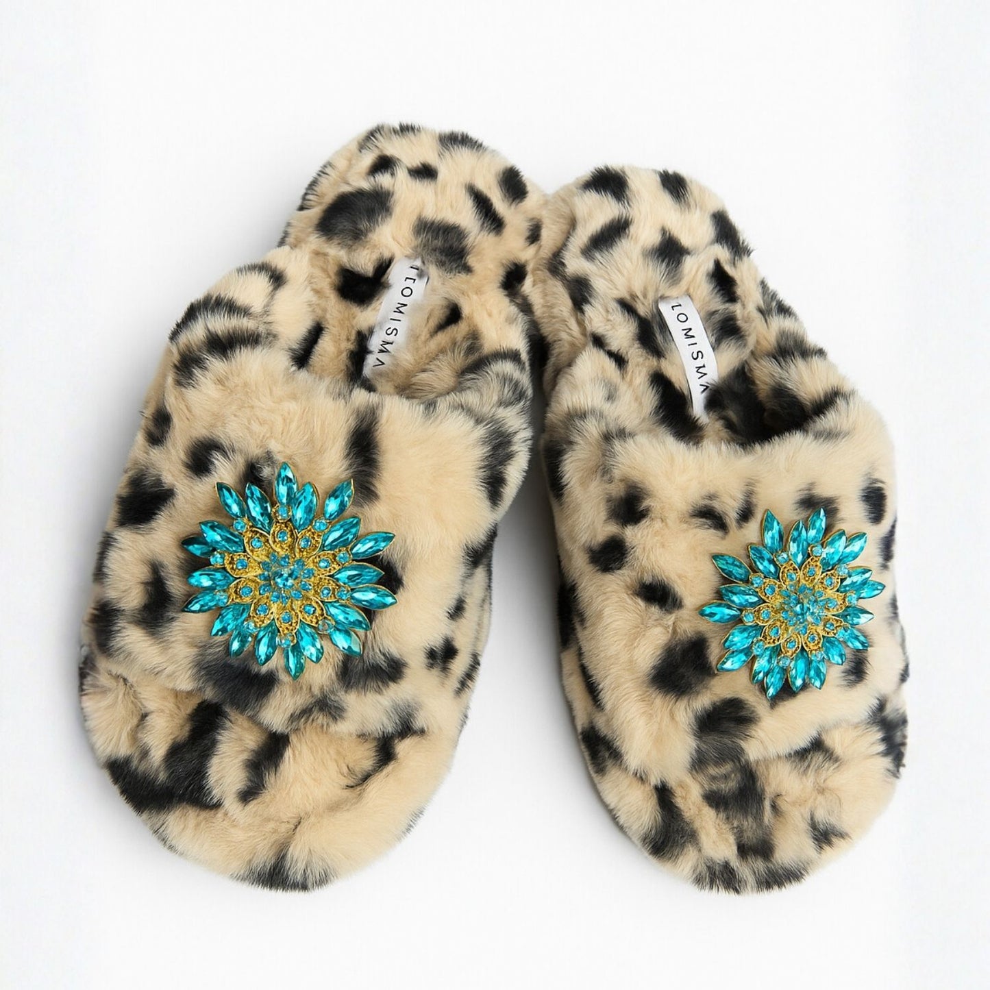Eco Faux Fur Cheetah Holiday Platform Slide Slippers with Turquoise Brooches