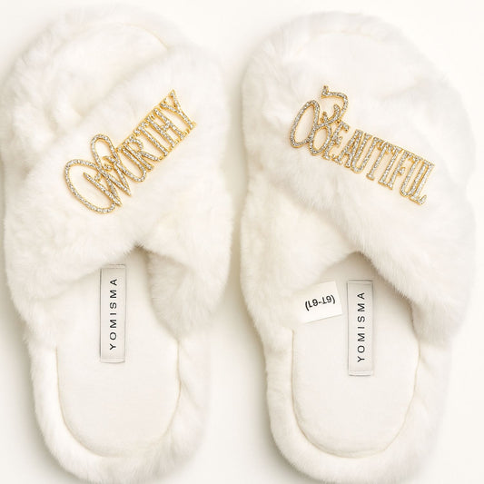 Faux Fur Slippers - Global Recycled Standard Certified with Worthy + Beautiful Embellishment