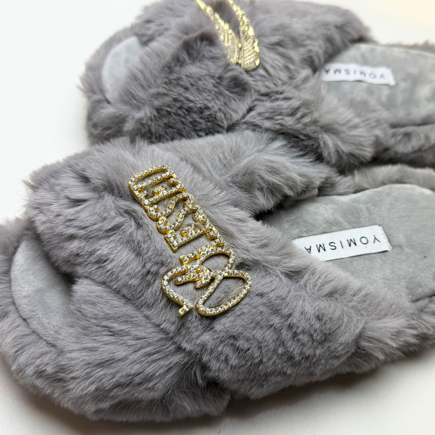 Faux Fur Slippers - Global Recycled Standard Certified with Blessed + Angel Wing Embellishment