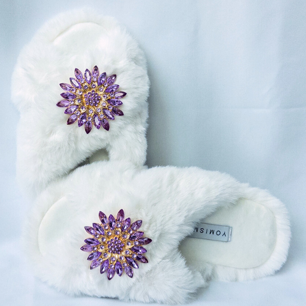 Faux Fur Slippers - Global Recycled Standard Certified with Lavender Jewel Embellishments