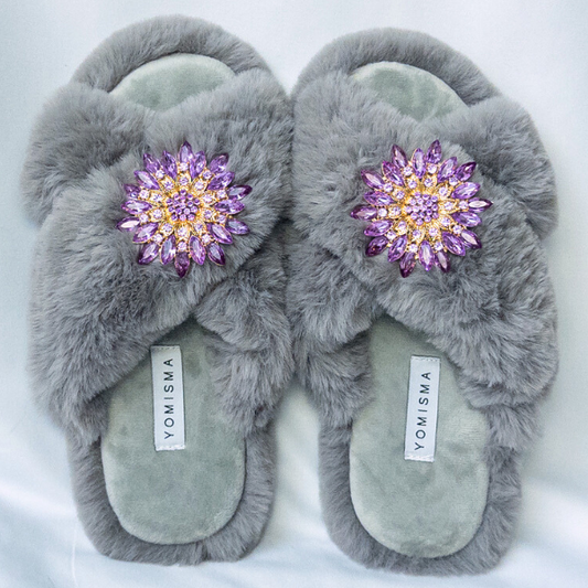 Faux Fur Slippers - Global Recycled Standard Certified with Lavender Jewel Embellishments