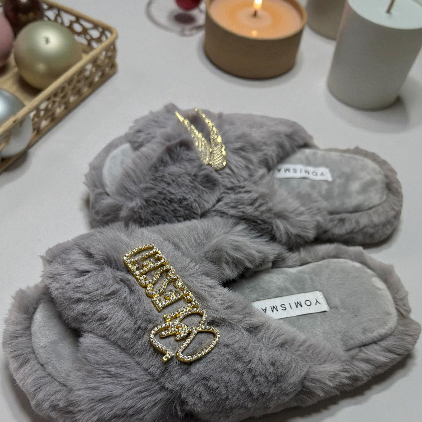 Faux Fur Slippers - Global Recycled Standard Certified with Blessed + Angel Wing Embellishment