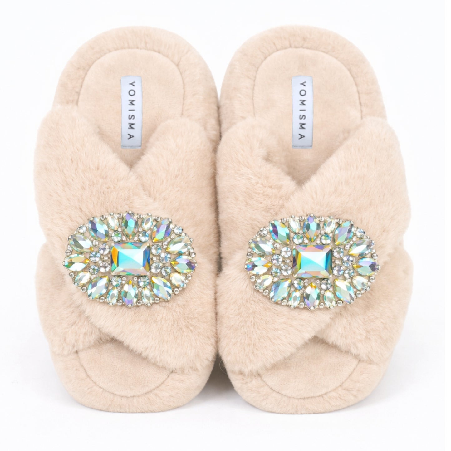 Faux Fur Slippers - Global Recycled Standard Certified with Oversized Iridescent Brooches