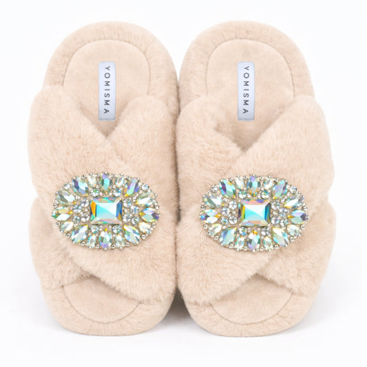 Faux Fur Slippers - Global Recycled Standard Certified with Oversized Iridescent Brooches