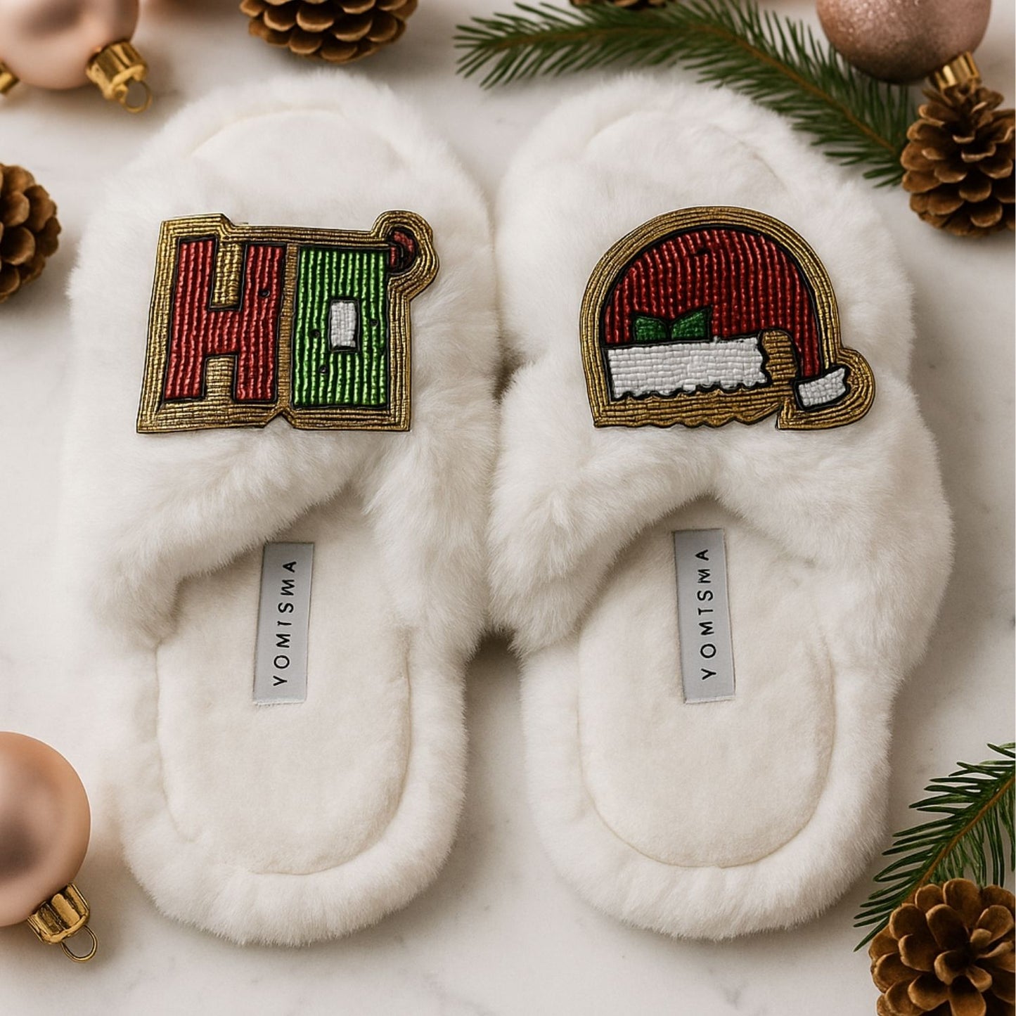 Faux Fur Slippers - Global Recycled Standard Certified with HO3 + Santa Hat Hand Beaded Brooches