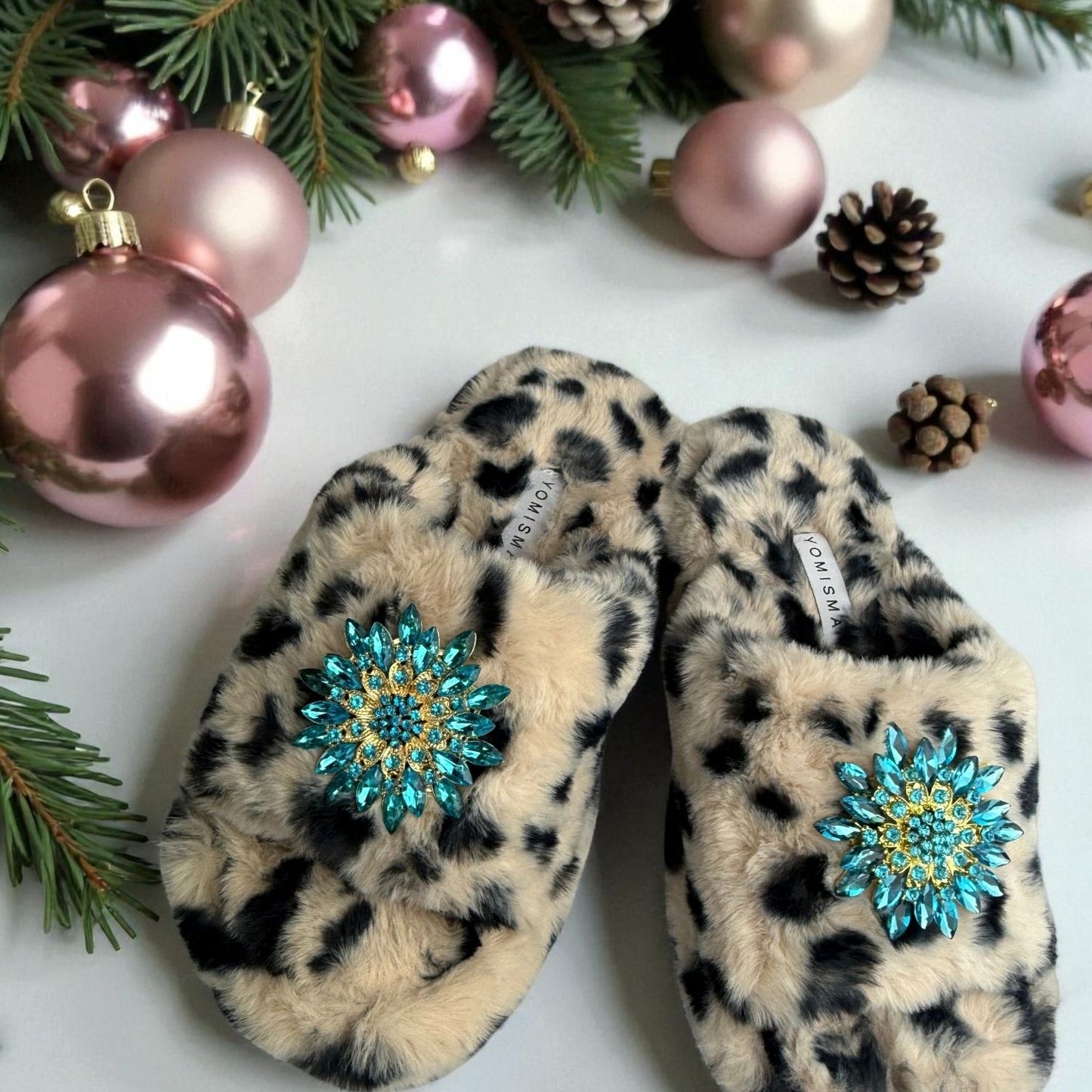 Eco Faux Fur Cheetah Holiday Platform Slide Slippers with Turquoise Brooches