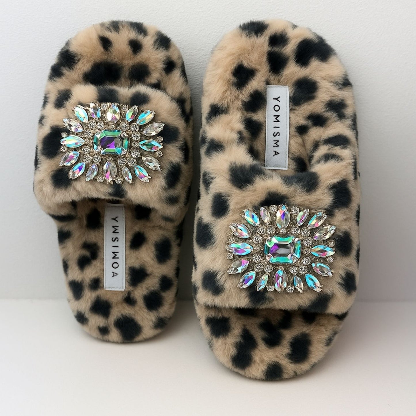 Eco Faux Fur Cheetah Holiday Platform Slide Slippers with Iridescent Brooches