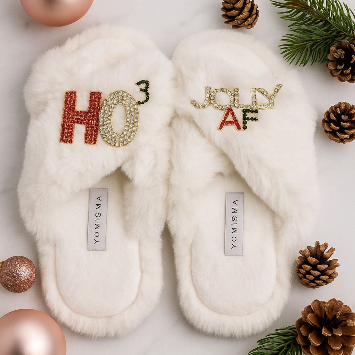 Faux Fur Slippers - Global Recycled Standard Certified with Rhinestone HO3 + Jolly AF