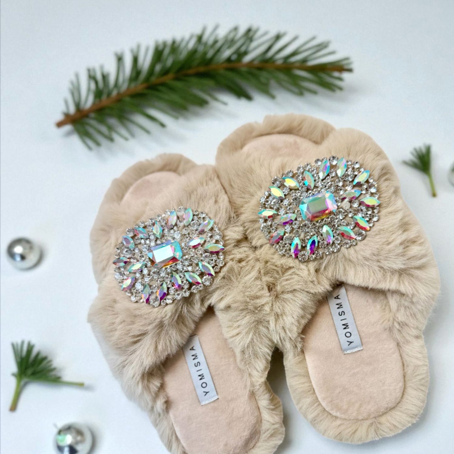 Faux Fur Slippers - Global Recycled Standard Certified with Oversized Iridescent Brooches