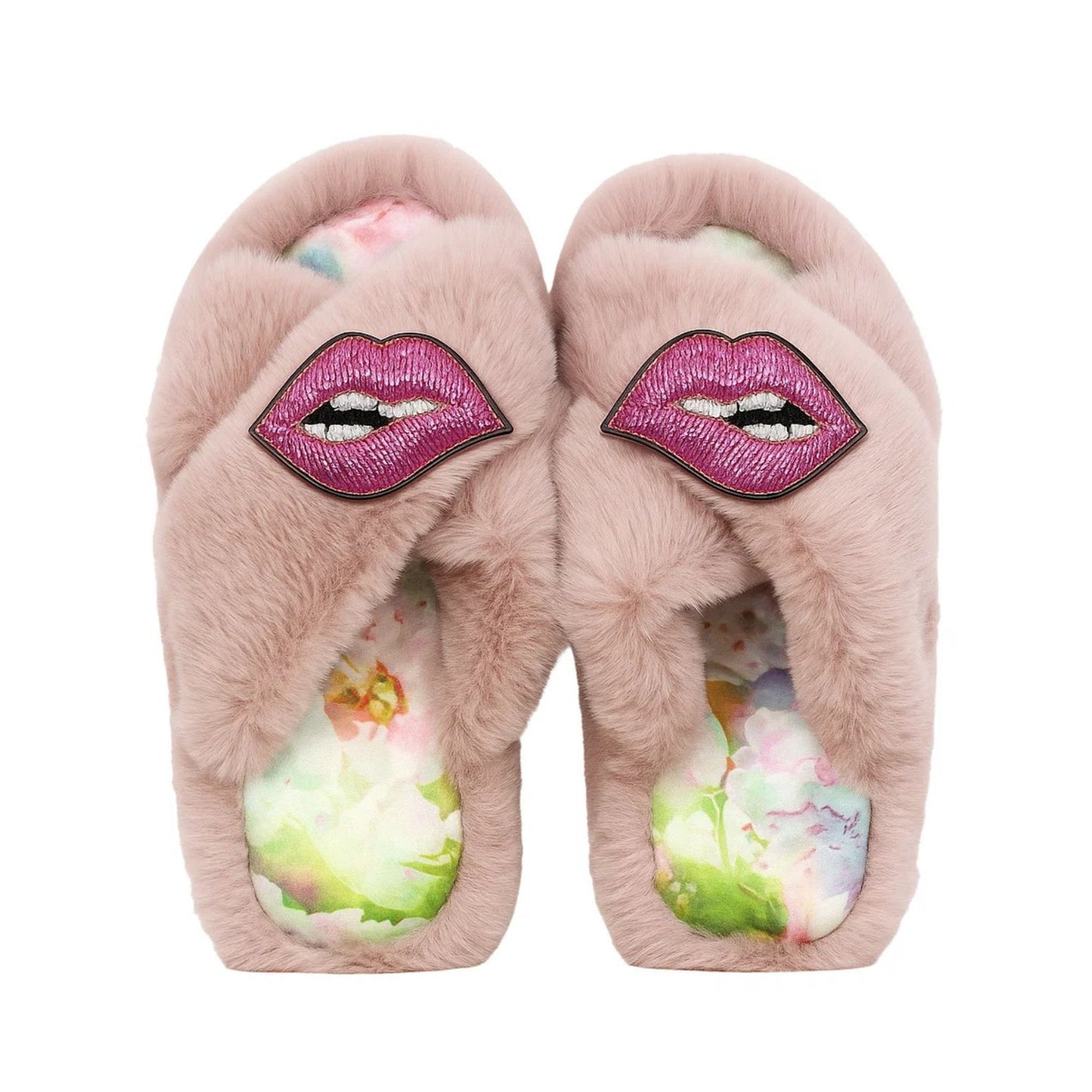 Faux Fur Slippers - Global Recycled Standard Certified with Lips Embellishment