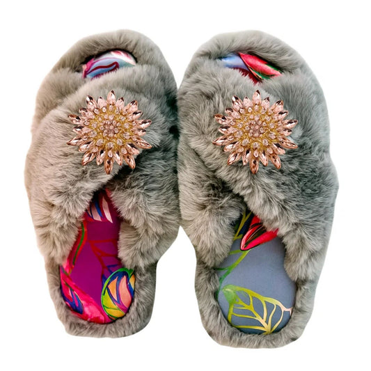 Faux Fur Slippers - Global Recycled Standard Certified with custom Carmen Lining + Pink Brooches