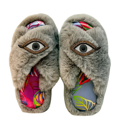 Faux Fur Slippers - Global Recycled Standard Certified with custom Carmen Lining + Beaded Evil Eye Brooches