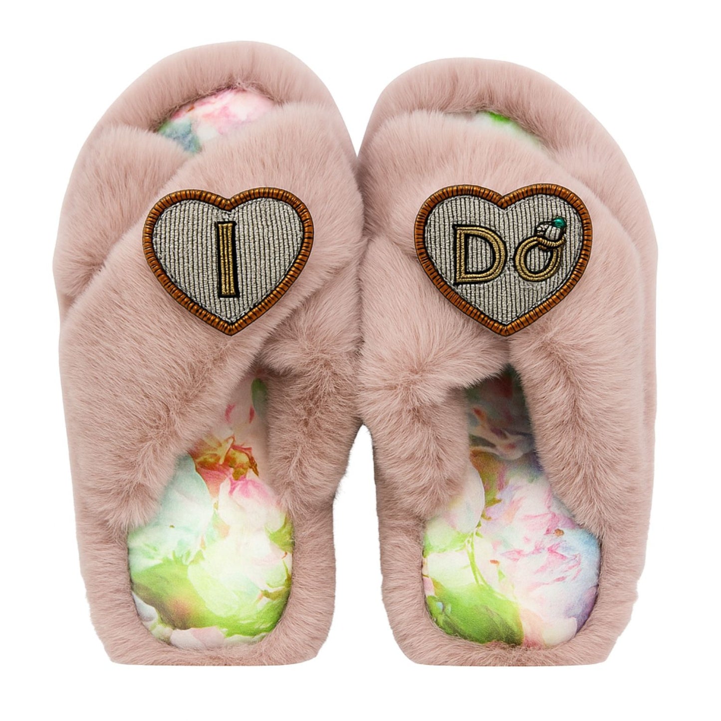 Faux Fur Slippers - Global Recycled Standard Certified with Beaded Wedding (I DO) Brooch