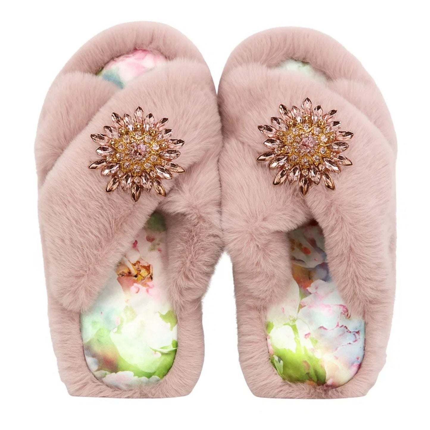 Faux Fur Slippers - Global Recycled Standard Certified with Light Pink Jewel Embellishments