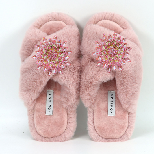 Faux Fur Slippers - Global Recycled Standard Certified with Light Pink Jewel Embellishments