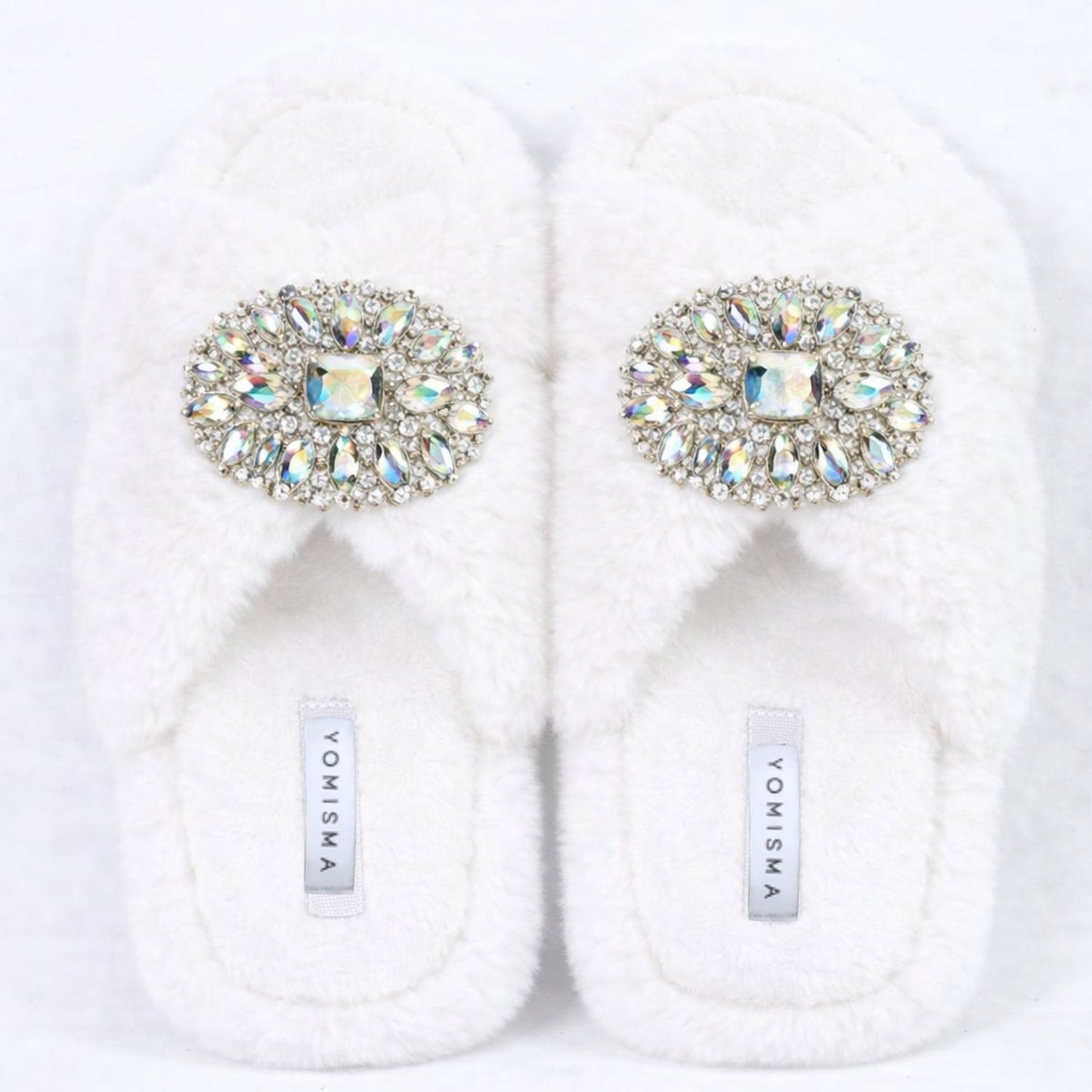 Faux Fur Slippers - Global Recycled Standard Certified with Oversized Iridescent Brooches
