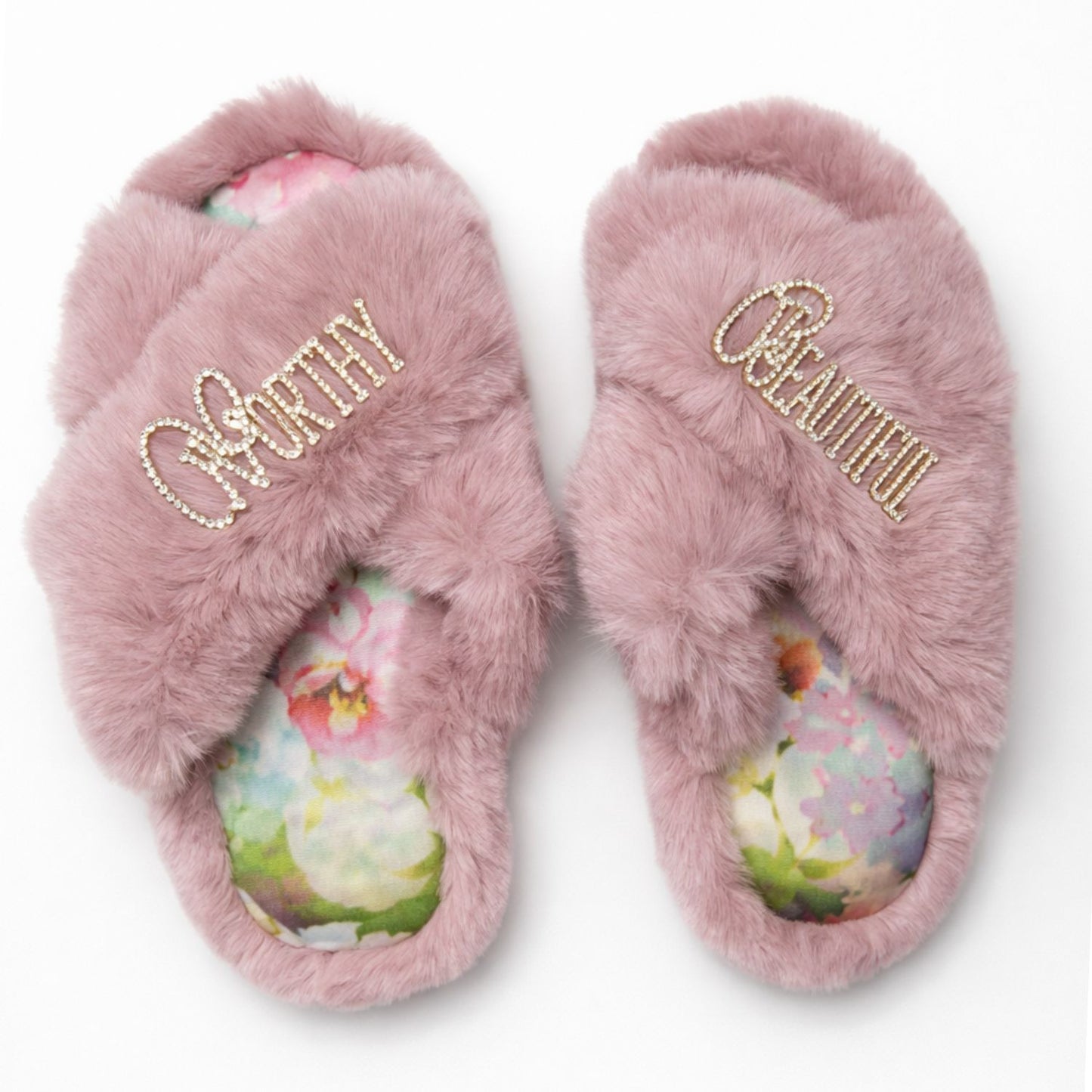 Faux Fur Slippers - Global Recycled Standard Certified with Worthy + Beautiful Embellishment