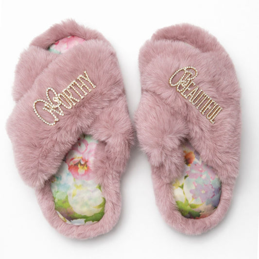 Faux Fur Slippers - Global Recycled Standard Certified with Worthy + Beautiful Embellishment