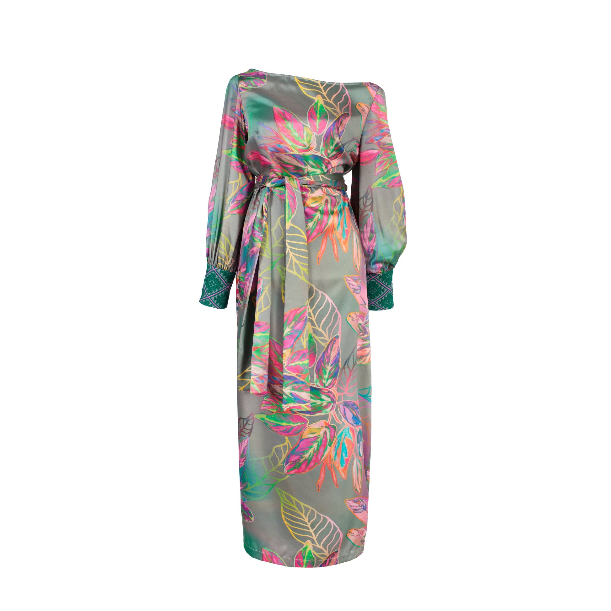 all over tropical printed kaftan duster with embroidered cuffs made from recycled materials 2