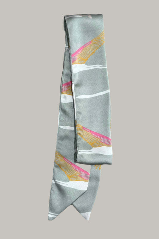 Grey, white, hot pink and gold cranes printed scarf made from an ultra soft recycled poly blend 4