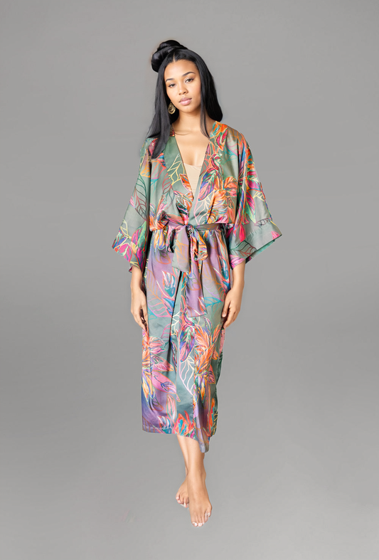 Woman wearing kimono robe in Carmen front profile view robe closed