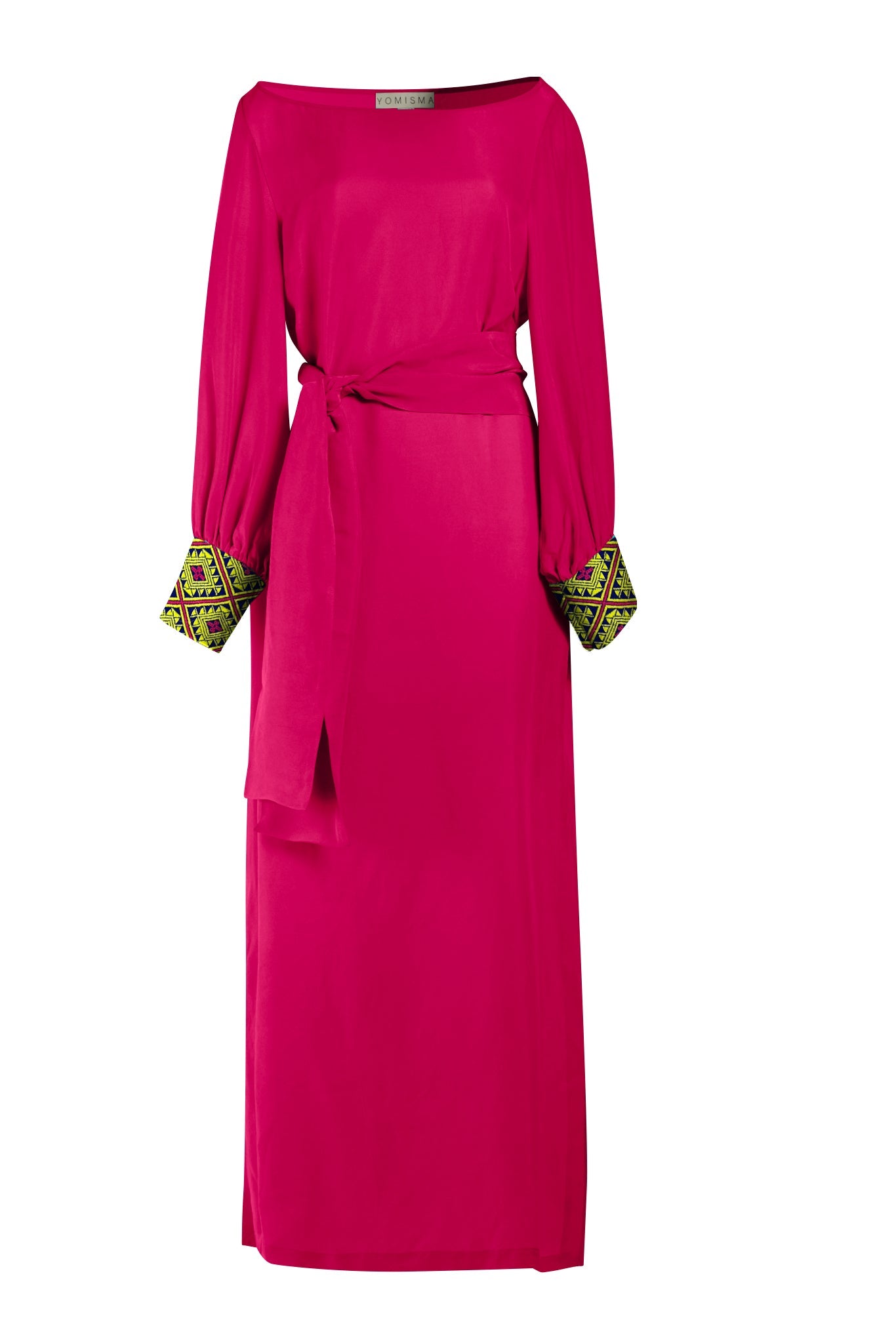 close up view of woman wearing a magenta kaftan duster with embroidered sleeves made from recycled materials
