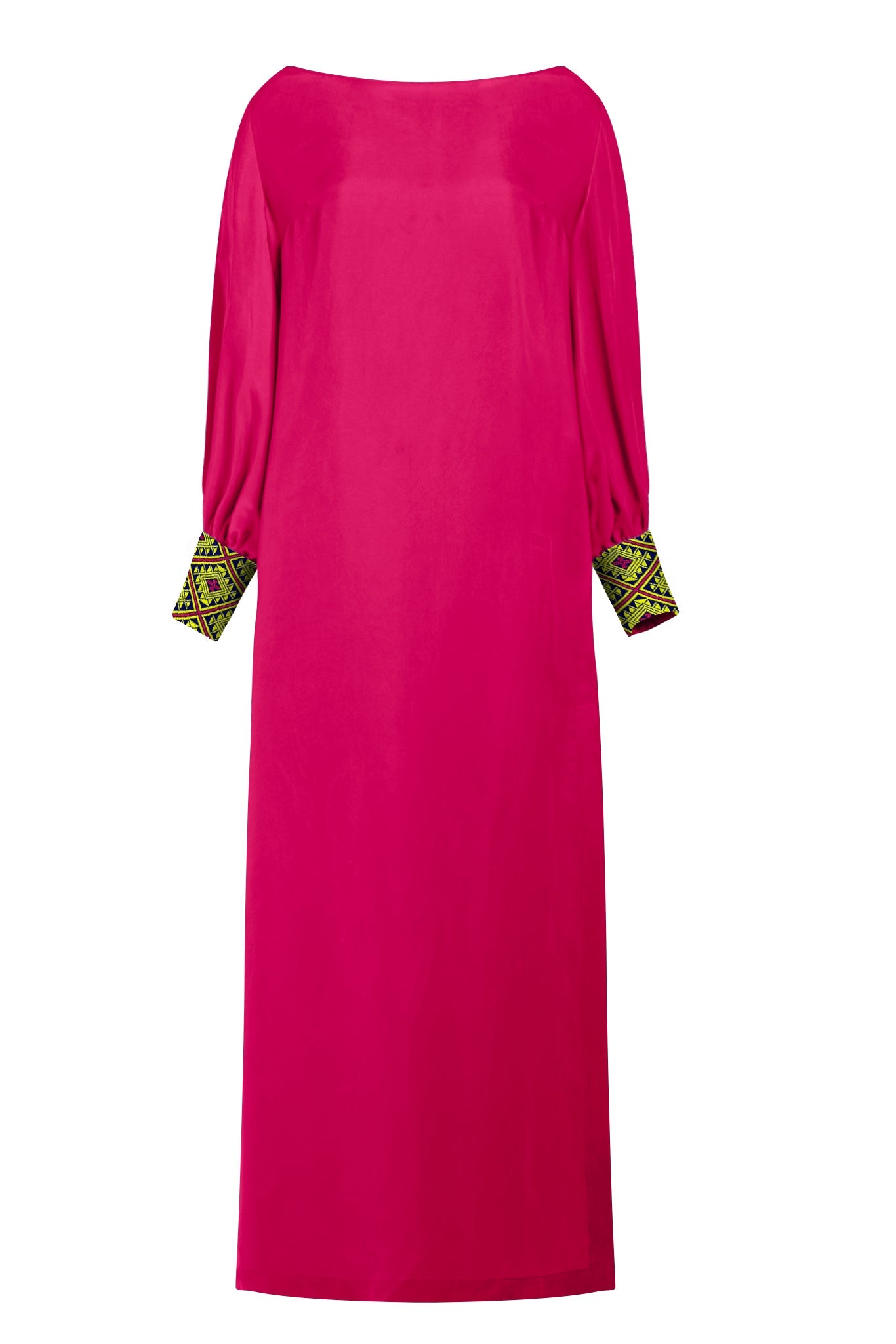 close up view of woman wearing a magenta kaftan duster with embroidered sleeves made from recycled materials 2