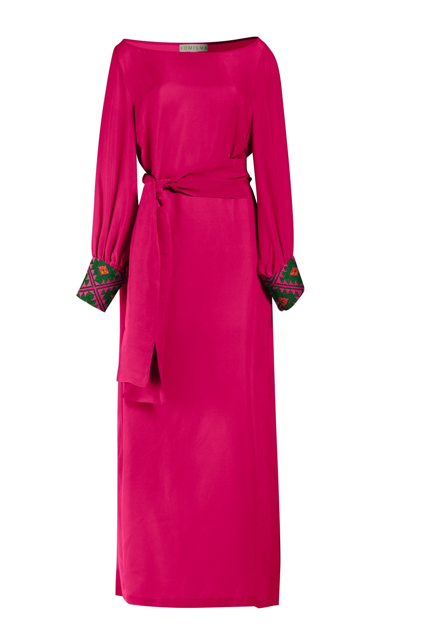 close up view of woman wearing a magenta kaftan duster with embroidered sleeves made from recycled materials 4