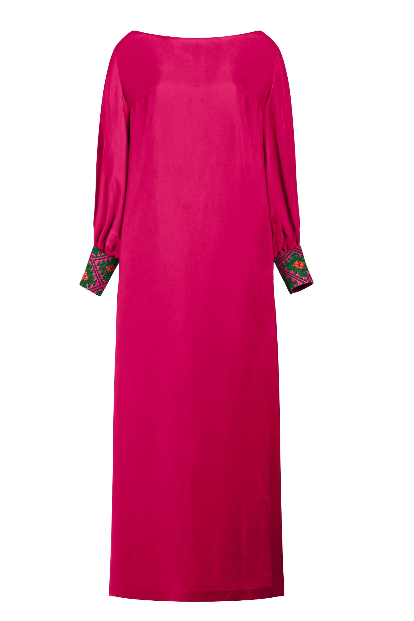 close up view of woman wearing a magenta kaftan duster with embroidered sleeves made from recycled materials 5