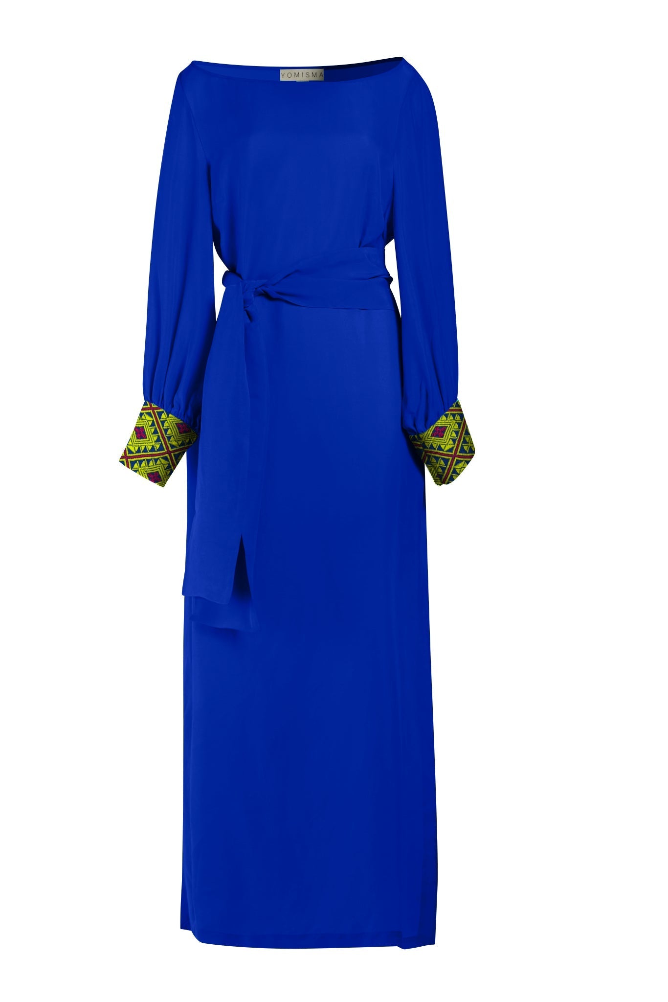 close up view of royal blue kaftan duster with embroidered sleeves made from recycled materials 2