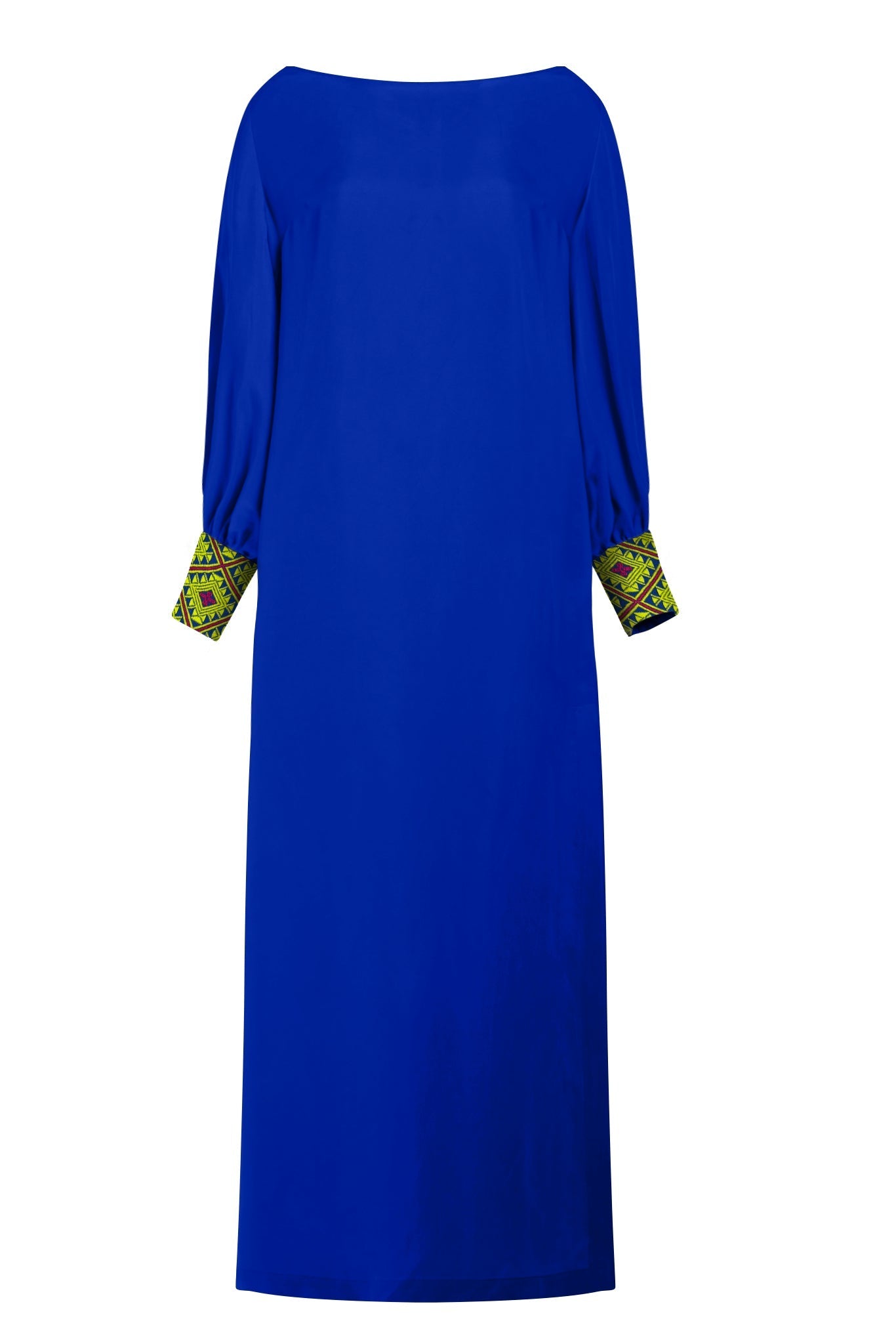 close up view of royal blue kaftan duster with embroidered sleeves made from recycled materials 3